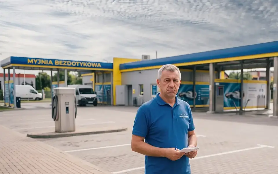 Właściciel myjni bezdotykowej analizujący wyniki swojego obiektu