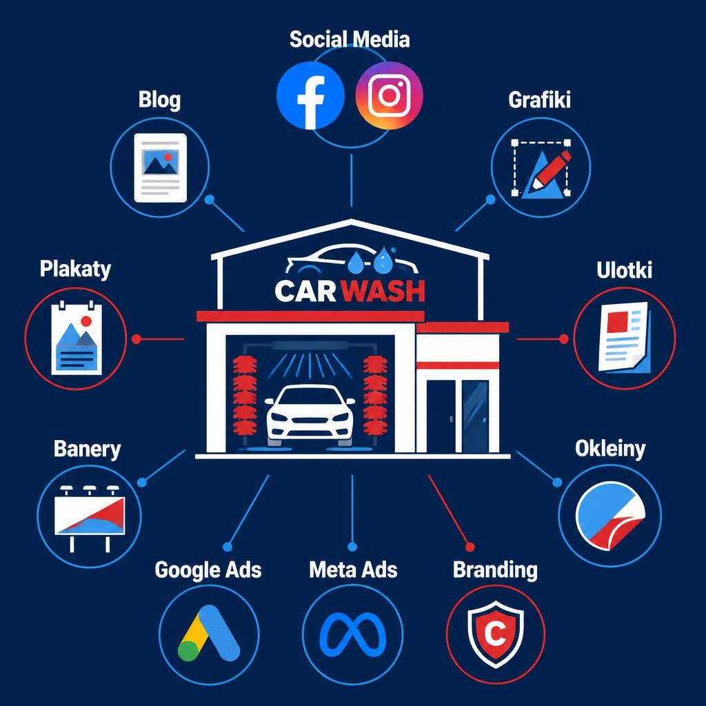 Infografika usług marketingowych dla myjni bezdotykowych - social media, blog, grafiki, plakaty, ulotki, banery, okleiny