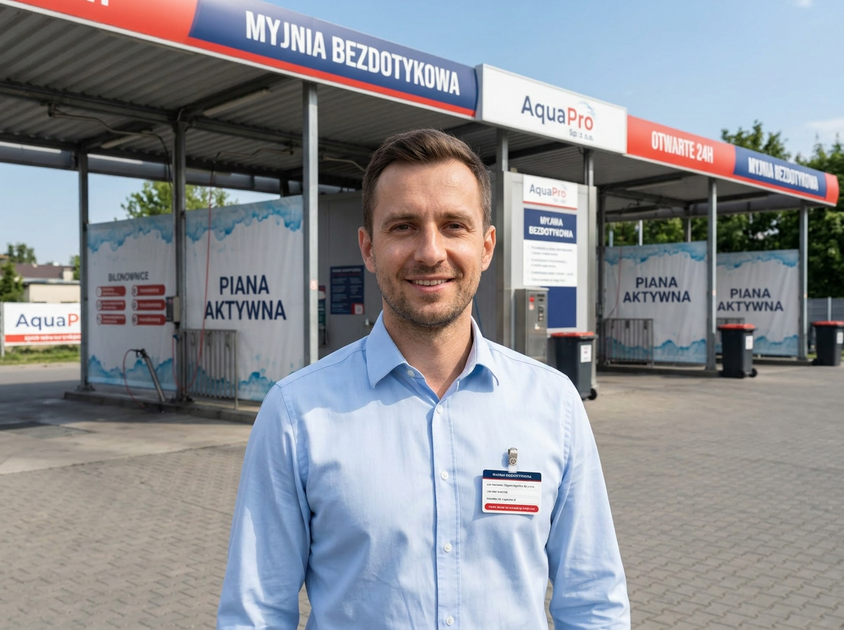 Właściciel myjni bezdotykowej stojący przed swoim obiektem