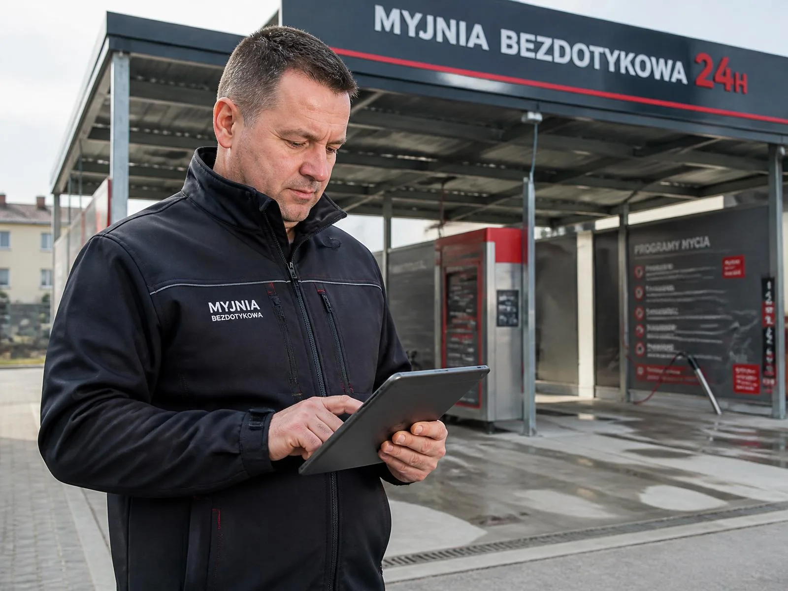 Właściciel myjni analizujący plan marketingowy