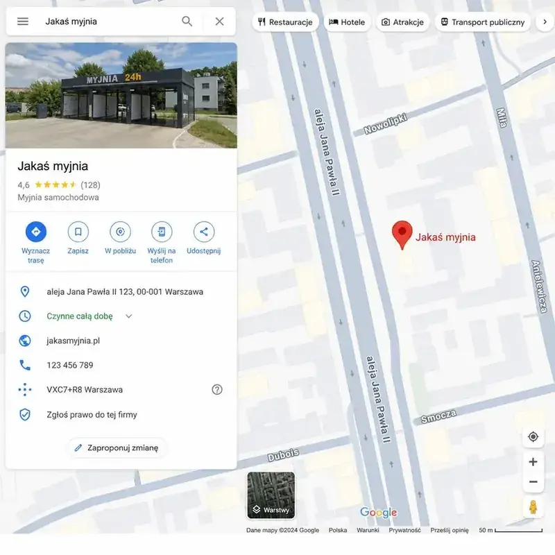 Wizytówka myjni bezdotykowej w Mapach Google