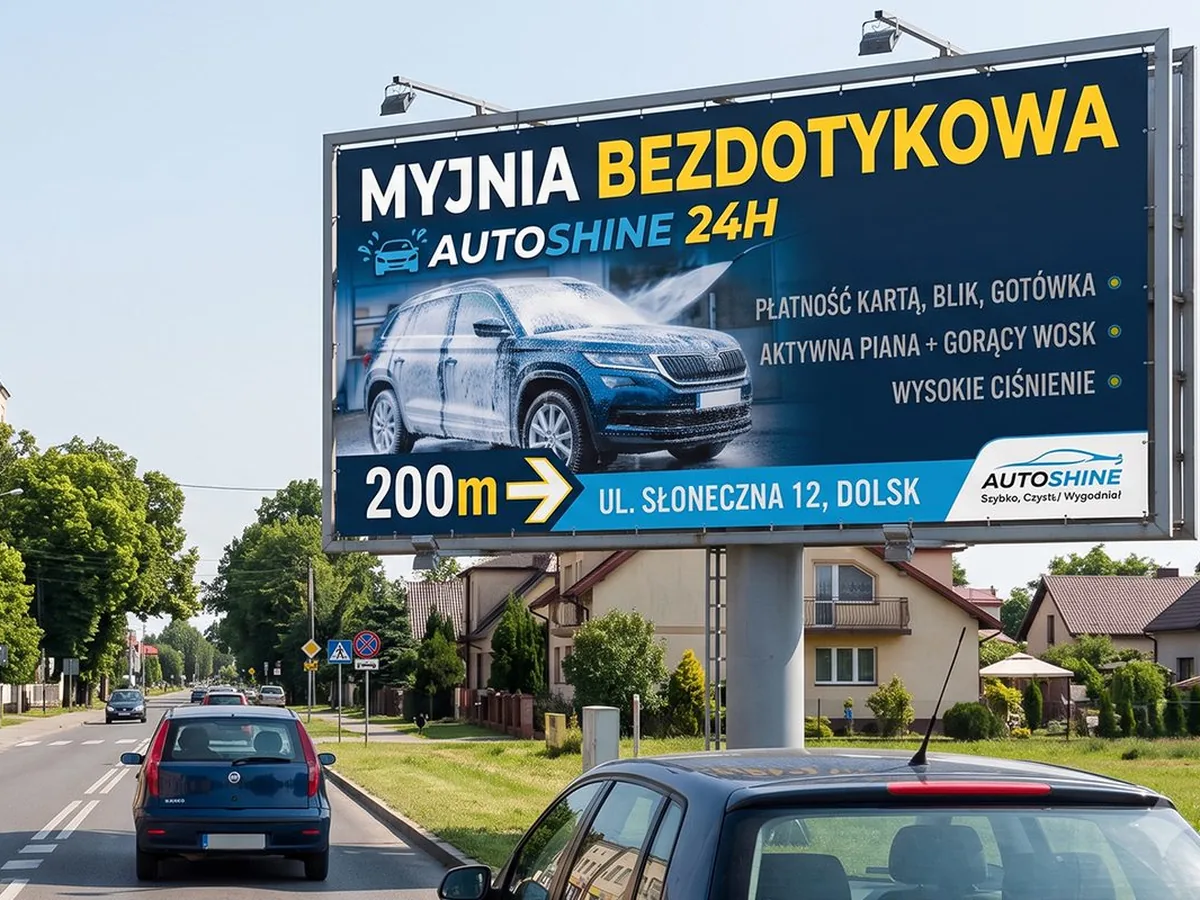 Billboard reklamowy myjni bezdotykowej przy drodze – marketing offline