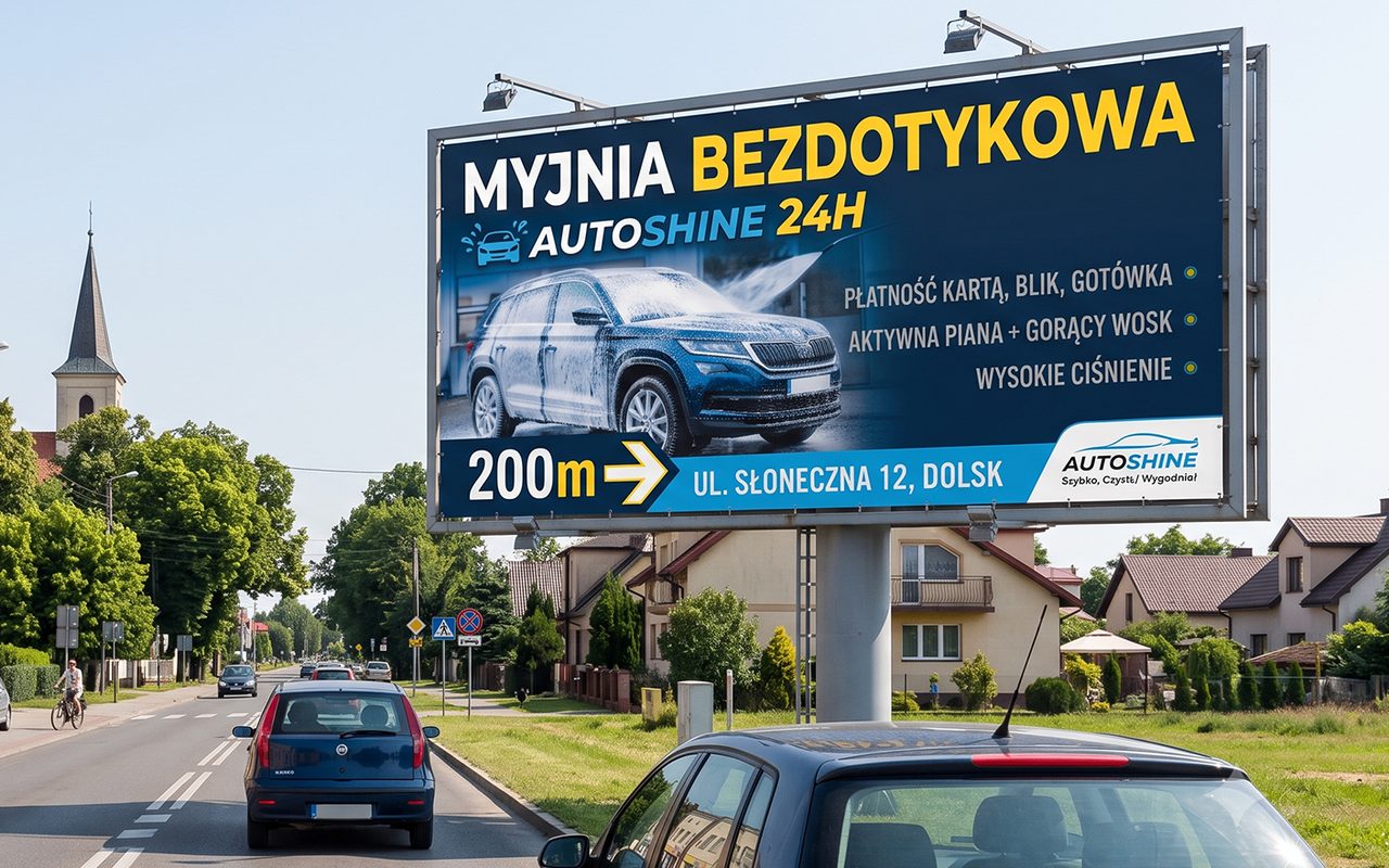 Billboard reklamowy myjni bezdotykowej przy drodze – marketing offline